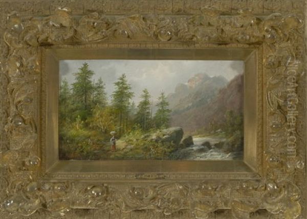 Herbstlandschaft Mit Flusslauf Und Waschetragerin Oil Painting by Edouard Boehm