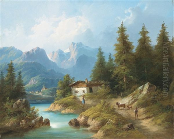 Gebirgslandschaft Mit Figurlicher Staffage Oil Painting by Edouard Boehm