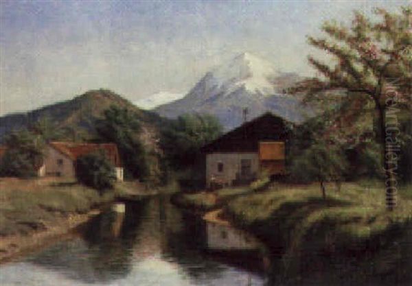 Riverside Chalets In An Alpine Landscape Oil Painting by Edouard Boehm