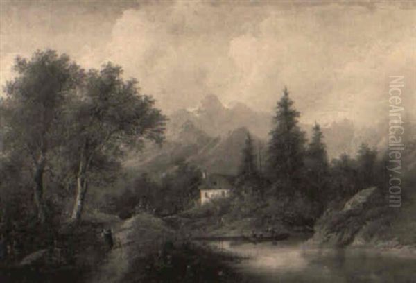 An Alpine Landscape With Figures In A Rowing Boat Approaching A Cottage Oil Painting by Edouard Boehm