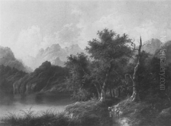 Sommertag An Einem Waldumrandeten Bergsee Mit Figurenstaffage Oil Painting by Edouard Boehm