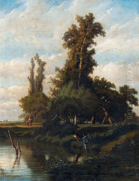 Angler Am Flussufer Oil Painting by Francois Ignace Auguste Boehm