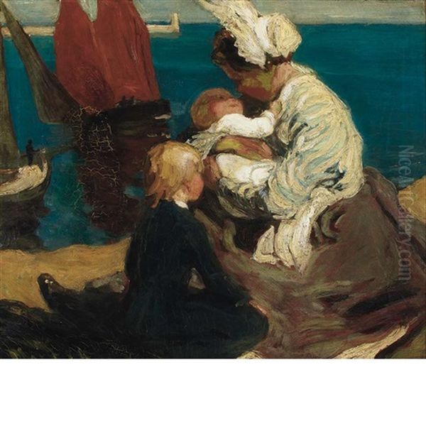 Mother And Child By The Seaside Oil Painting by Max Bohm