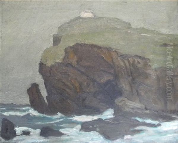 Untitled Lighthouse On Rocky Cliff Oil Painting by Max Bohm