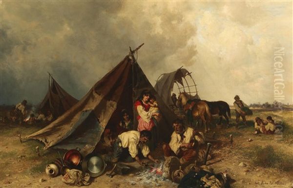 Hungarian Shepherds And Gypsies Resting In The Evening Oil Painting by Pal (Paul) Boehm