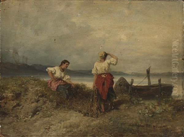 Two Fisherwomen Holding A Net By A Lake Oil Painting by Pal (Paul) Boehm