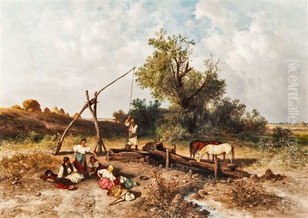 Ungarische Puszta Mit Rastenden Bauern Oil Painting by Pal (Paul) Boehm