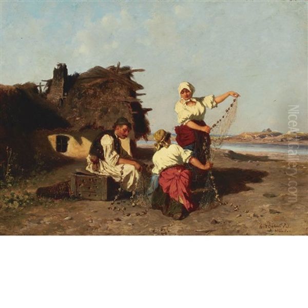 Repairing The Nets And Respite From Haying (2 Works) Oil Painting by Pal (Paul) Boehm