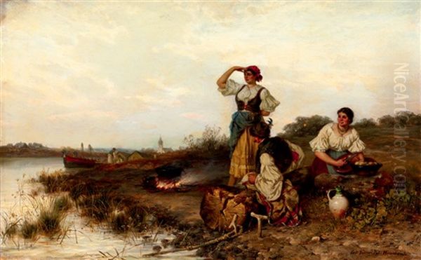 Preparing Dinner On The River Side Oil Painting by Pal (Paul) Boehm