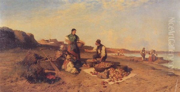 Gypsy Apple Sellers On The Beach Oil Painting by Pal (Paul) Boehm