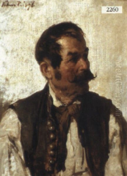 Portrait Of A Gypsy Man With A Moustache Oil Painting by Pal (Paul) Boehm