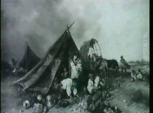 A Gypsy Encampment Oil Painting by Pal (Paul) Boehm