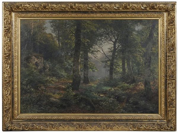 Two Deer By A Verdant Woodland Stream Oil Painting by Heinrich Boehmer