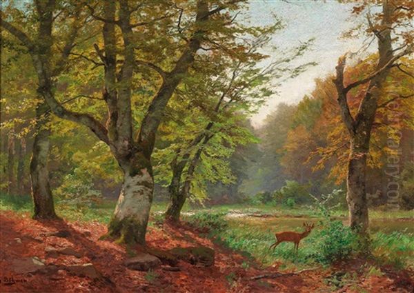 Roebuck In A Forest Clearing Oil Painting by Heinrich Boehmer