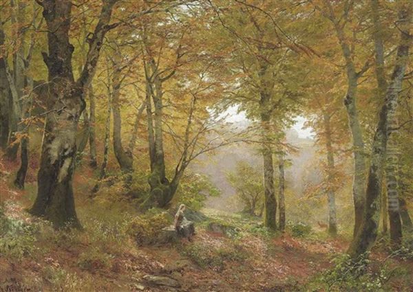 A Woodland Glade Oil Painting by Heinrich Boehmer