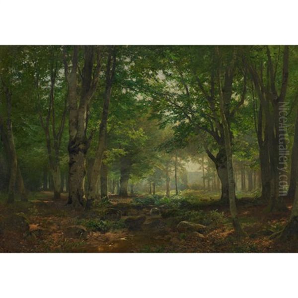 A Sunlit Forest Interior With Deer Oil Painting by Heinrich Boehmer