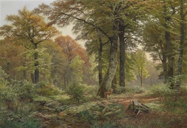 Kleine Waldlichtung Mit Rehwild Oil Painting by Heinrich Boehmer