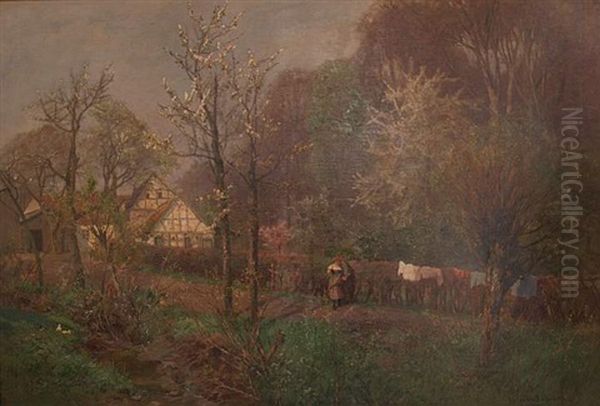 Bluhende Fruhlingslandschaft Mit Bachlauf Oil Painting by Heinrich Boehmer