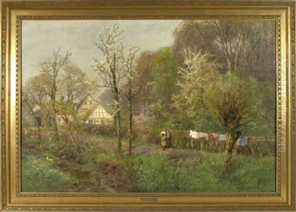 Parchen Auf Einem Fruhlingshaften Waldweg Vor Einem Gehoft Oil Painting by Heinrich Boehmer