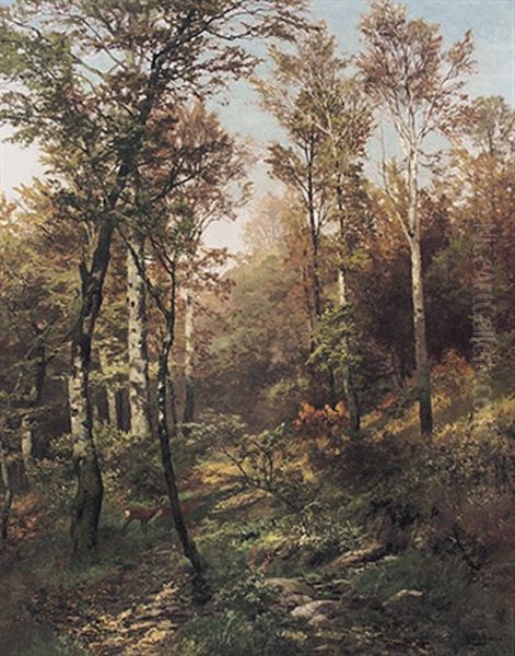 Herbstlicher Wald Mit Birken Und 2 Rehen Oil Painting by Heinrich Boehmer