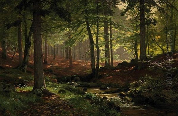 Im Wald. Im Halbschatten Am Ufer Eines Kleinen Baches Ein Reh Oil Painting by Heinrich Boehmer