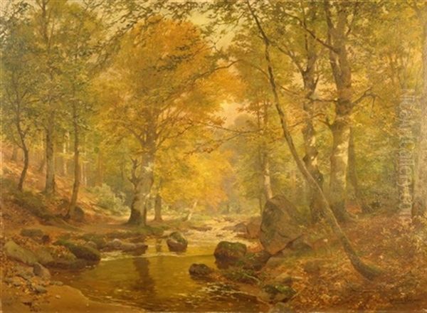 Im Fruhherbst, Blick In Lichten Laubwald Mit Ruhigem Bachlauf Oil Painting by Heinrich Boehmer