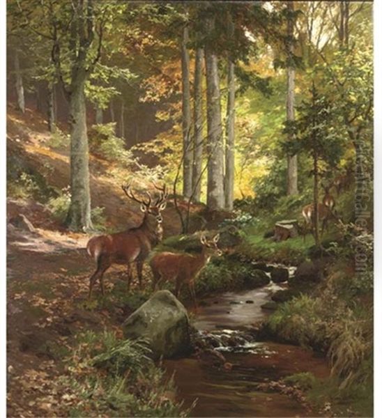 Stiller Wald: Wildlife In A Green Forest Oil Painting by Heinrich Boehmer