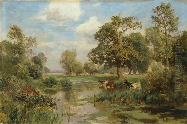 Baumbestandene Flusslandschaft Mit Kuhen Am Wasser Oil Painting by Heinrich Boehmer