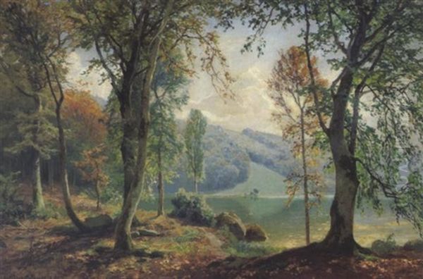 Herbstliches Seeufer In Der Eifel Oil Painting by Heinrich Boehmer