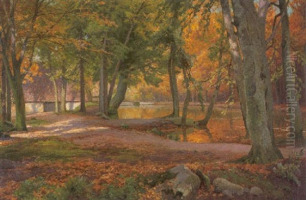 Herbstlicher Waldweg Am Flus Oil Painting by Heinrich Boehmer