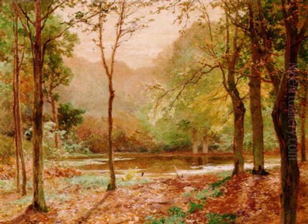 A Woodland Pool Oil Painting by Heinrich Boehmer