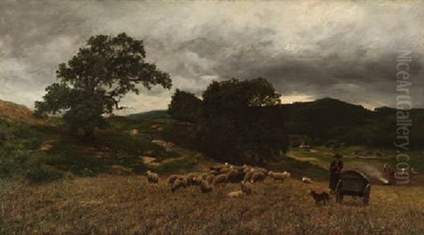 Schafer Mit Seiner Herde Unter Gewitterhimmel In Weiter Landschaft Oil Painting by Heinrich Boehmer