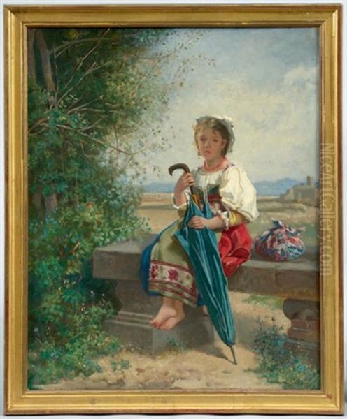 Jeune Italienne Au Parapluie Assise Sur Un Banc De Pierre Oil Painting by German von Bohn