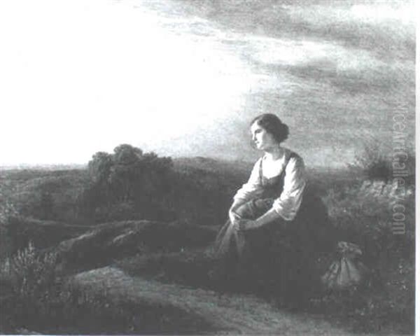 Peasant Woman Resting On A Hill Top Oil Painting by German von Bohn