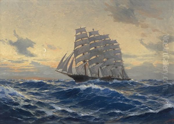 Viermaster In Voller Fahrt Vor Abendhimmel Oil Painting by Hans (Johannes) Bohrdt