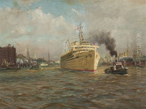 Wilhelm Gustloff In The Port Of Hamburg Oil Painting by Hans (Johannes) Bohrdt