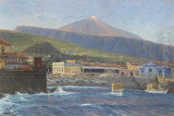 Blick Vom Meer Aus Auf Pozo De Martianez, Puerto Orotava, Tenerife Oil Painting by Hans (Johannes) Bohrdt