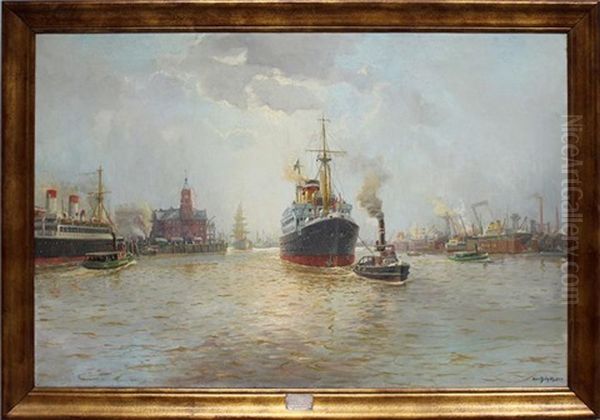 Hamburger Hafen, Morgenstimmung Oil Painting by Hans (Johannes) Bohrdt