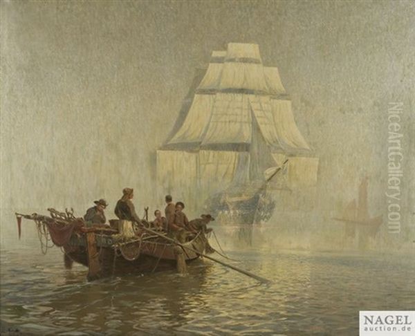 Dreimaster Mit Beiboot Wahrend Einer Flaute Oil Painting by Hans (Johannes) Bohrdt