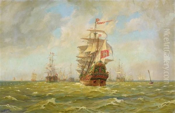 Marine. Zahlreiche Vor Anker Liegende Segler Oil Painting by Hans (Johannes) Bohrdt