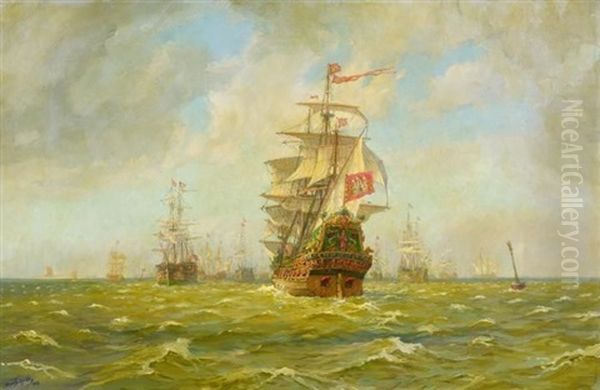 Marine. Zahlreiche Vor Anker Liegende Segler Oil Painting by Hans (Johannes) Bohrdt