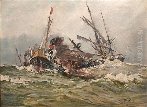 Rettung In Schwerer See Oil Painting by Hans (Johannes) Bohrdt