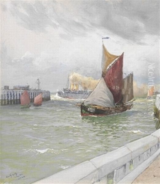 Dampfschiff Und Fischkutter Im Hafen Von Ostende Oil Painting by Hans (Johannes) Bohrdt