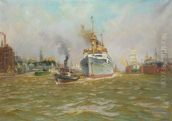 Der Dampfer "adolph Woermann" Verlasst Den Hamburger Hafen Oil Painting by Hans (Johannes) Bohrdt