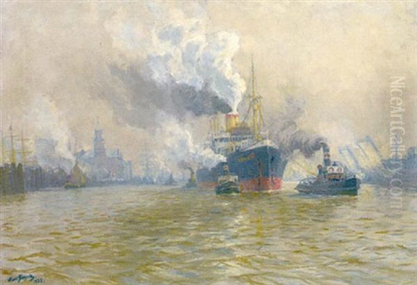 Hamburger Hafen Oil Painting by Hans (Johannes) Bohrdt