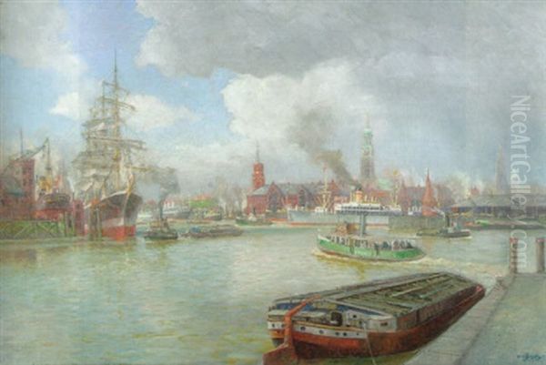 Im Hamburger Hafen Oil Painting by Hans (Johannes) Bohrdt