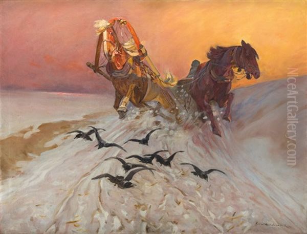 Crows And A Sleigh Oil Painting by Stanislaw Bohusz-Siestrzencewicz