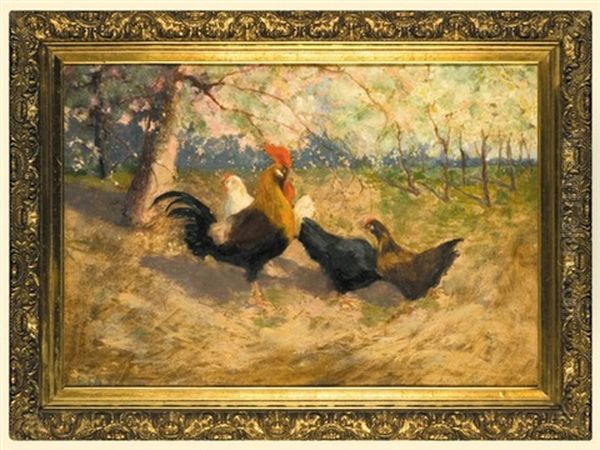 Cock And Chickens Oil Painting by Stanislaw Bohusz-Siestrzencewicz