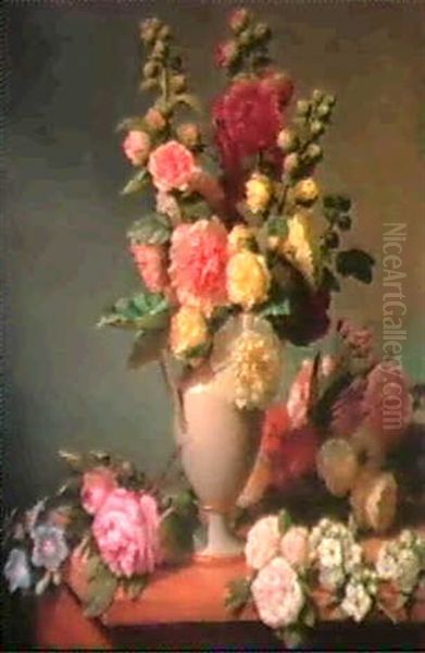 Roses Tremieres, Freesias, Pivoines, Deutzias, Oeillets     De Poetes Dans Un Vase Oil Painting by Henri-Joseph Boichard