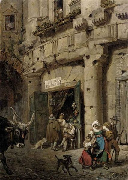 Selling Vegetables On The Via De Sugherari, Rome Oil Painting by Jules (Julien-Leopold) Boilly